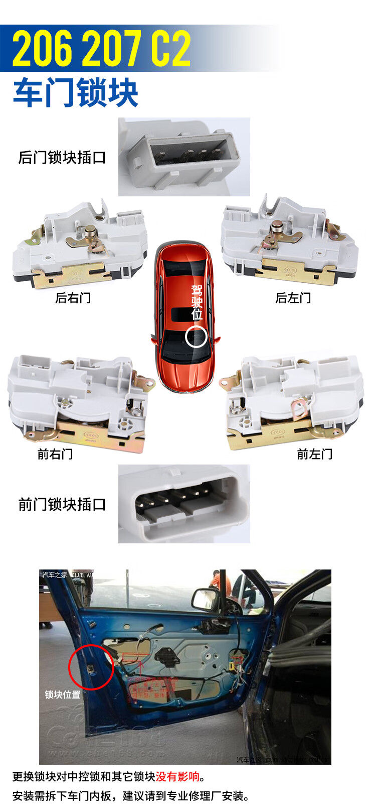 适配标致206标志207307车门锁块雪铁龙c2汽车中控锁闭锁器车门锁