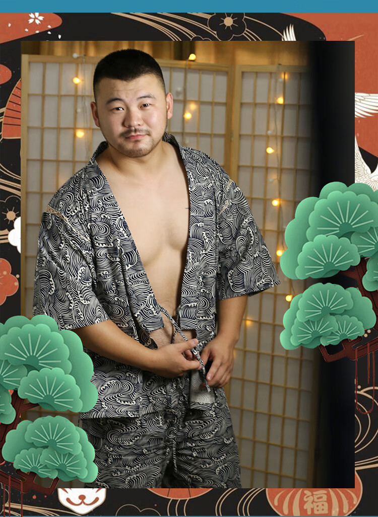 日本和服甚平男浴衣日系u熊壮熊胖熊和风家居服熊圈夏2021 (蓝)纯