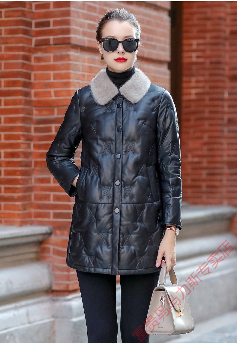 2021冬海宁新款显瘦绵羊皮领皮衣无缝真皮羽绒服女中长款高档品牌女装