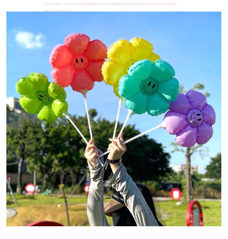 笑脸太阳花气球绿色 彩色雏菊太阳花笑脸夹片气球带拖杆儿童宝宝周岁