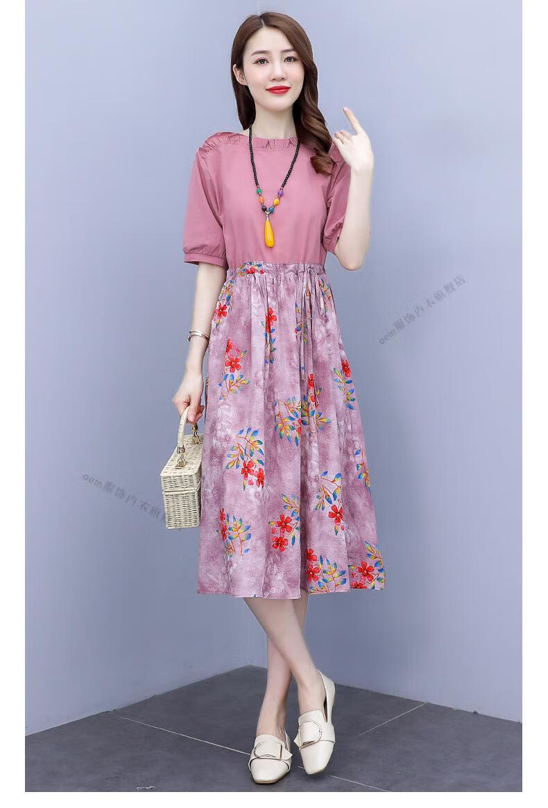 素素棉麻女装夏季棉麻连衣裙女夏装新款妈妈气质亚麻裙子女士时尚拼接