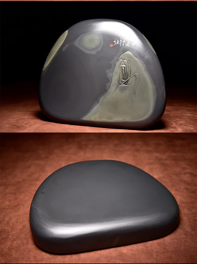 典藏歙砚张子坚作品雕刻龙尾山金晕籽料老坑原石人物题材砚台文房收藏