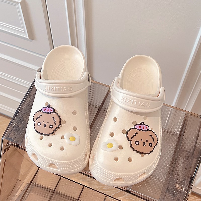 洞洞鞋女ins可爱小熊洞洞鞋包头鞋学生防滑半凉拖沙滩鞋外穿泰迪洞洞