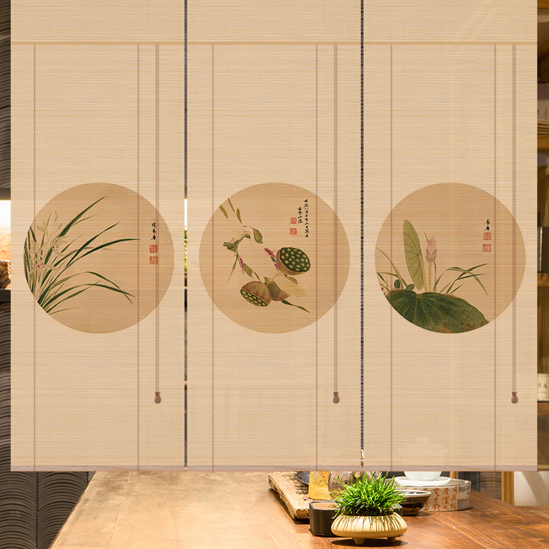 卷帘门帘隔断复古禅意阳台遮光升降日式喷绘竹子 图案h【可选其中一幅