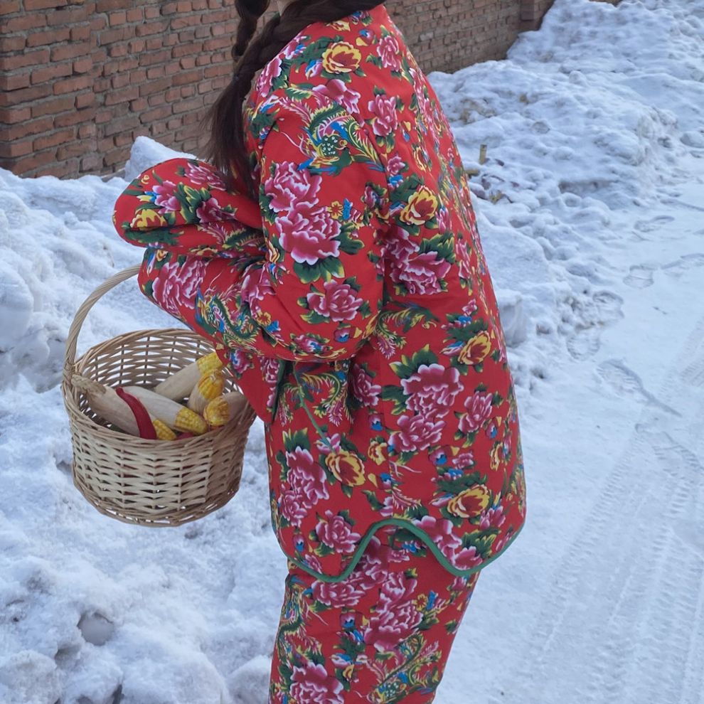 大花布民族风套装棉袄棉裤大花袄加厚棉衣女冬长袖大棉袄服装喜庆怀旧