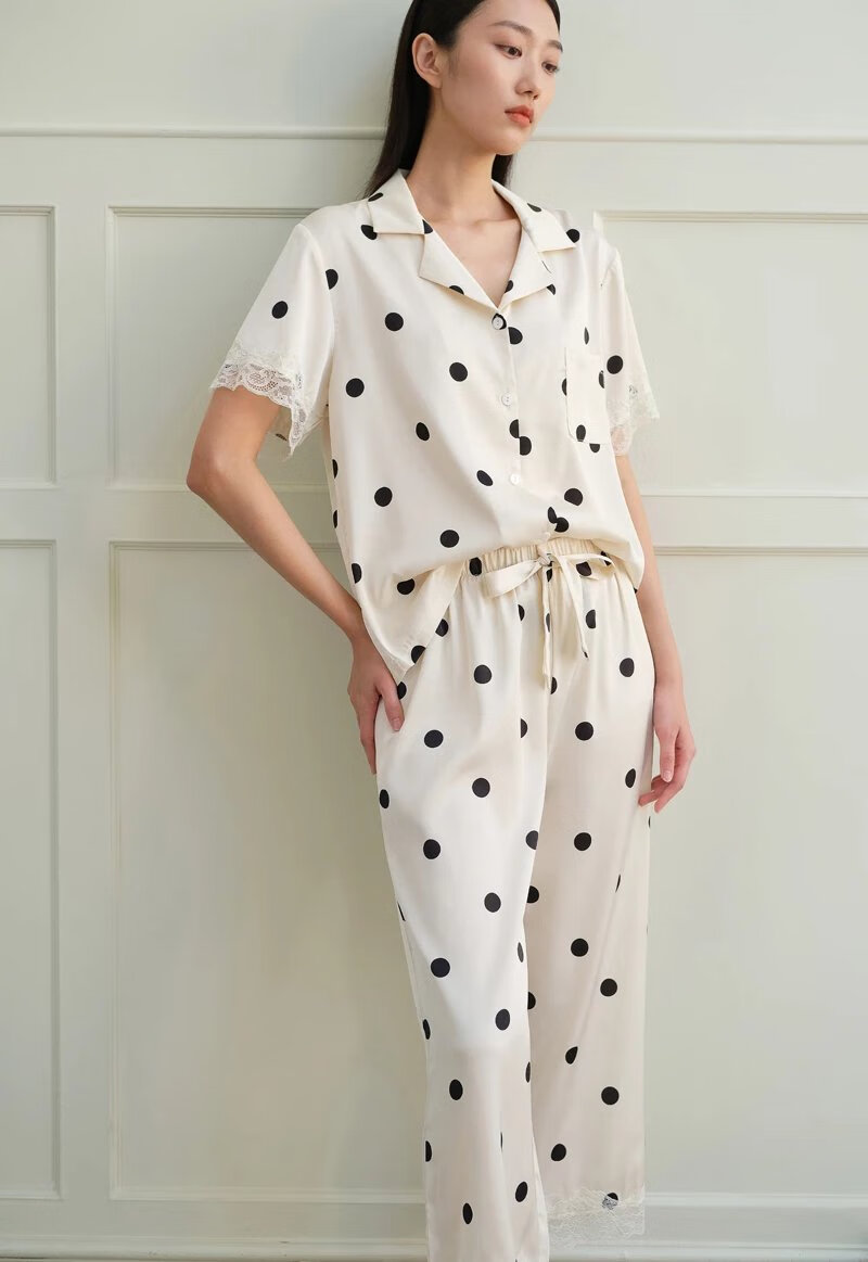 miss ponyo睡衣女夏季牛乳啵啵短袖波点甜美家居服两件套冰丝 牛乳白