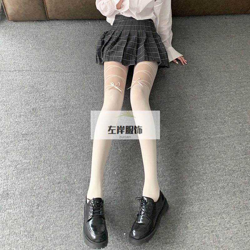 日系蝴蝶结jk辣妹白色拼接丝袜女夏季薄款性感绑带少女连裤袜ff白色