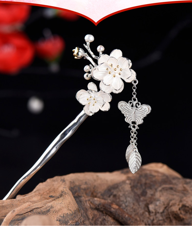 银簪s925银流苏梅花珍珠发簪银古风汉服头饰步摇钗子簪子女友生日送