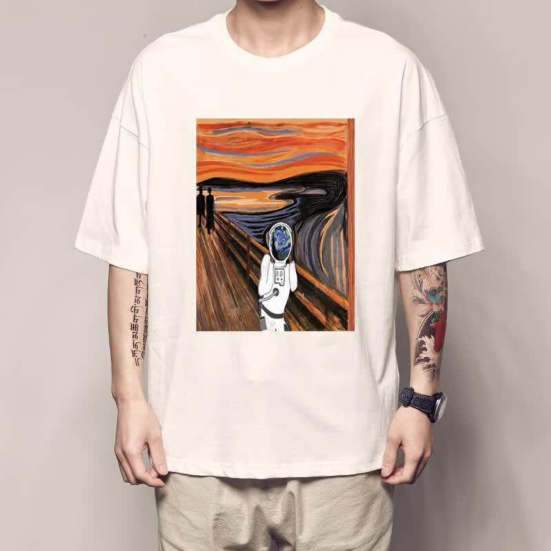爱德华蒙克呐喊t恤尖叫涂鸦表现主义短袖世界名画油画衣服男周边 白色