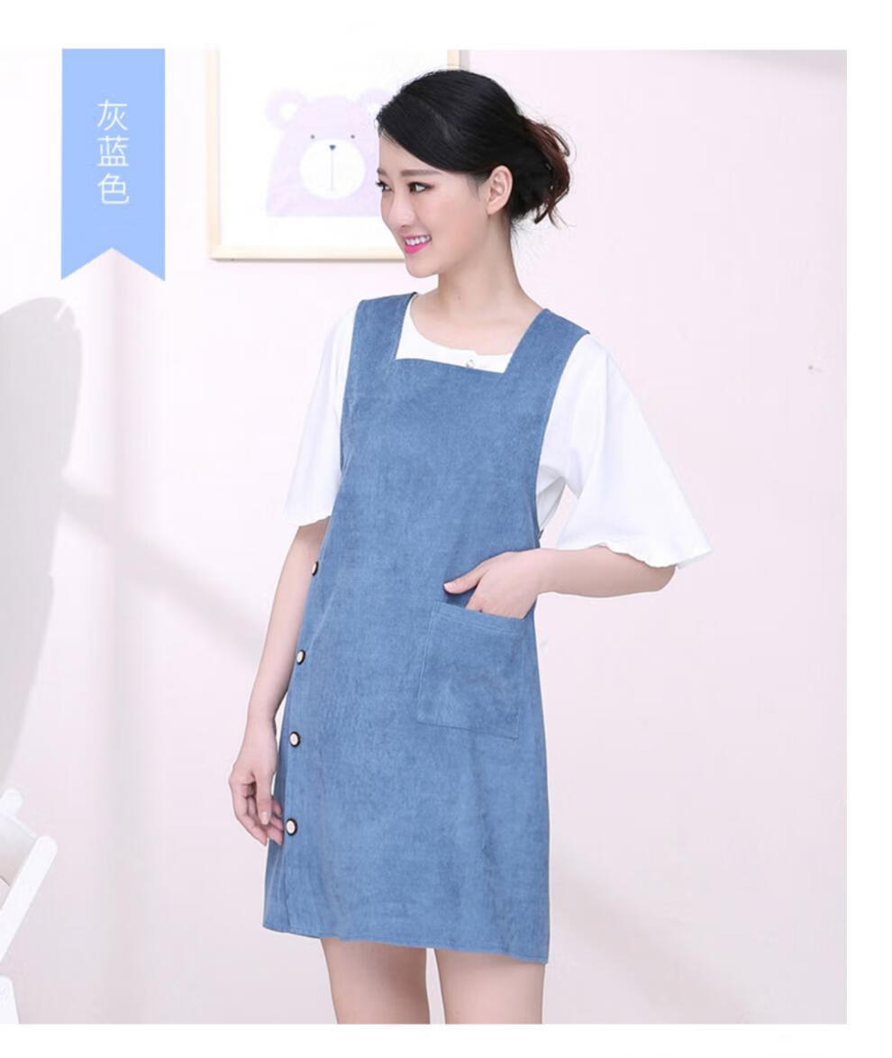 新款韩式时尚可爱背心式厨房围裙灯芯绒超市母婴美甲店围裙 灰蓝色