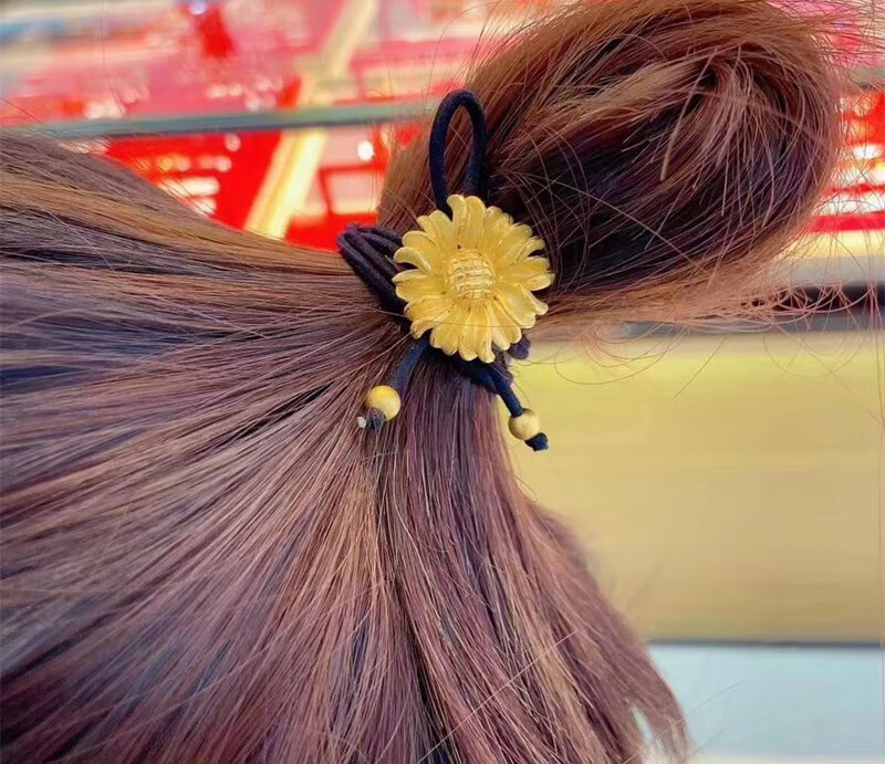 老凤凰 999足金向日葵黄金头绳女3d硬金转运珠扎头发马尾太阳花头饰