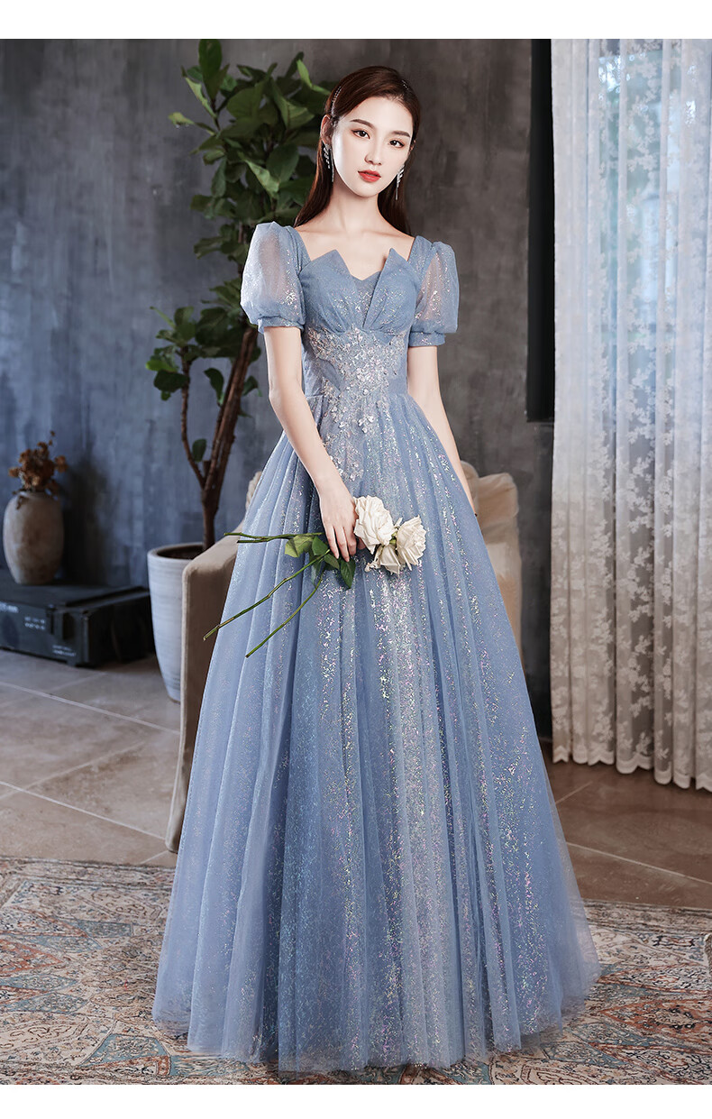 皮尔卡丹轻奢高档女装晚礼服裙女宴会2021新款蓝色轻奢小众气质高端