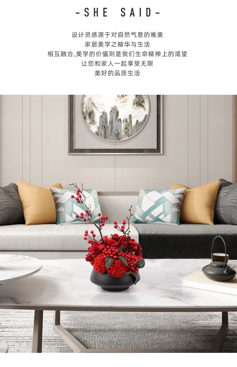 洽谈桌摆件新中式仿真花艺摆件样板房客厅餐桌红色假花洽谈桌绿植新年