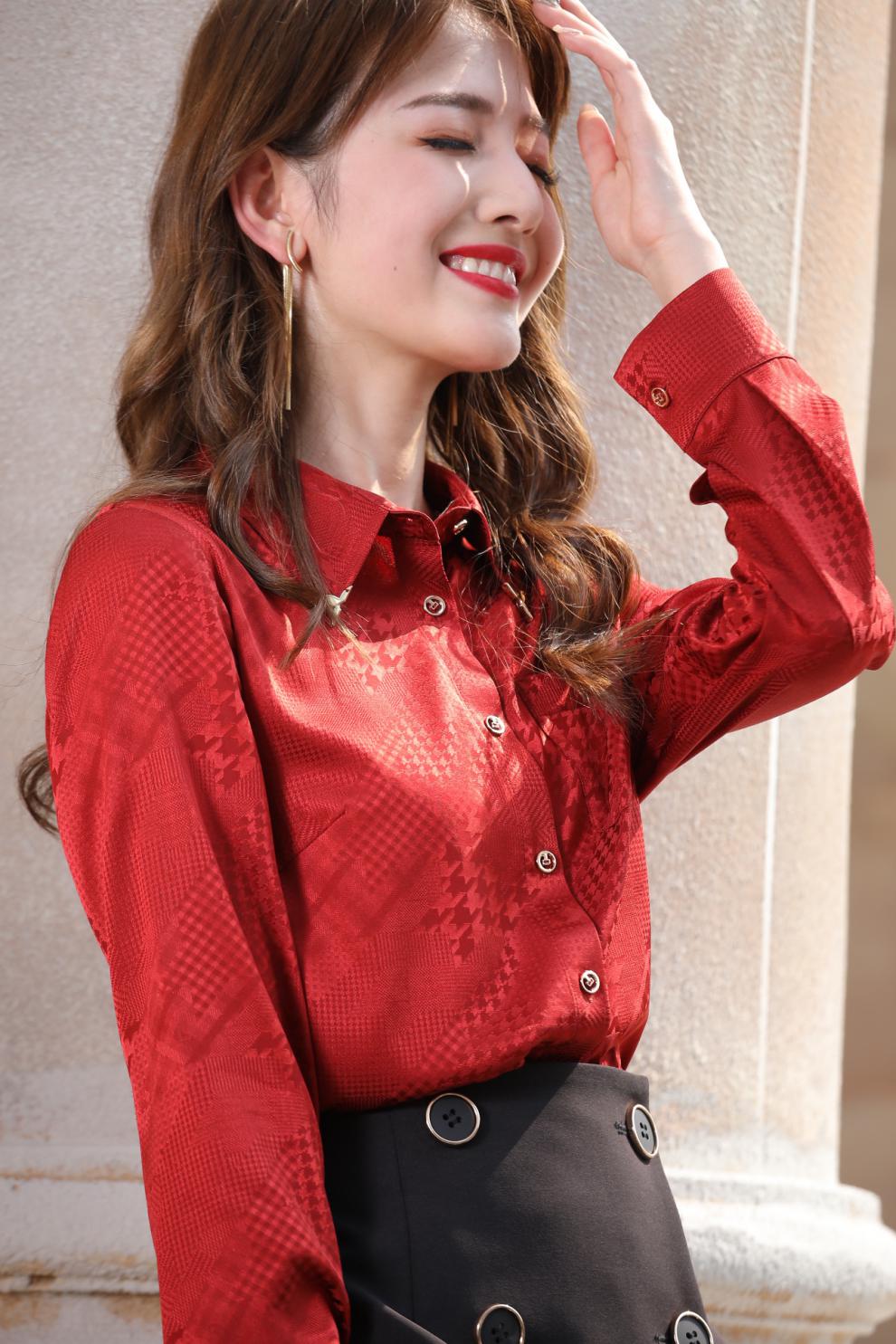 玺优莱 真丝衬衫女春季新款修身显瘦优雅洋气提花桑蚕丝上衣 酒红色 s