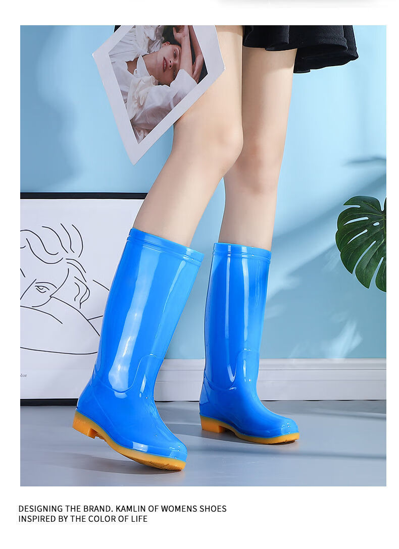 新款水鞋高筒中筒雨靴成人防水防滑长胶鞋工作干活上班中筒蓝色加棉40