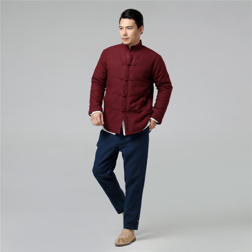 左别新品中国风亚麻男款棉衣唐装盘扣对襟外套棉服棉袄暗红m