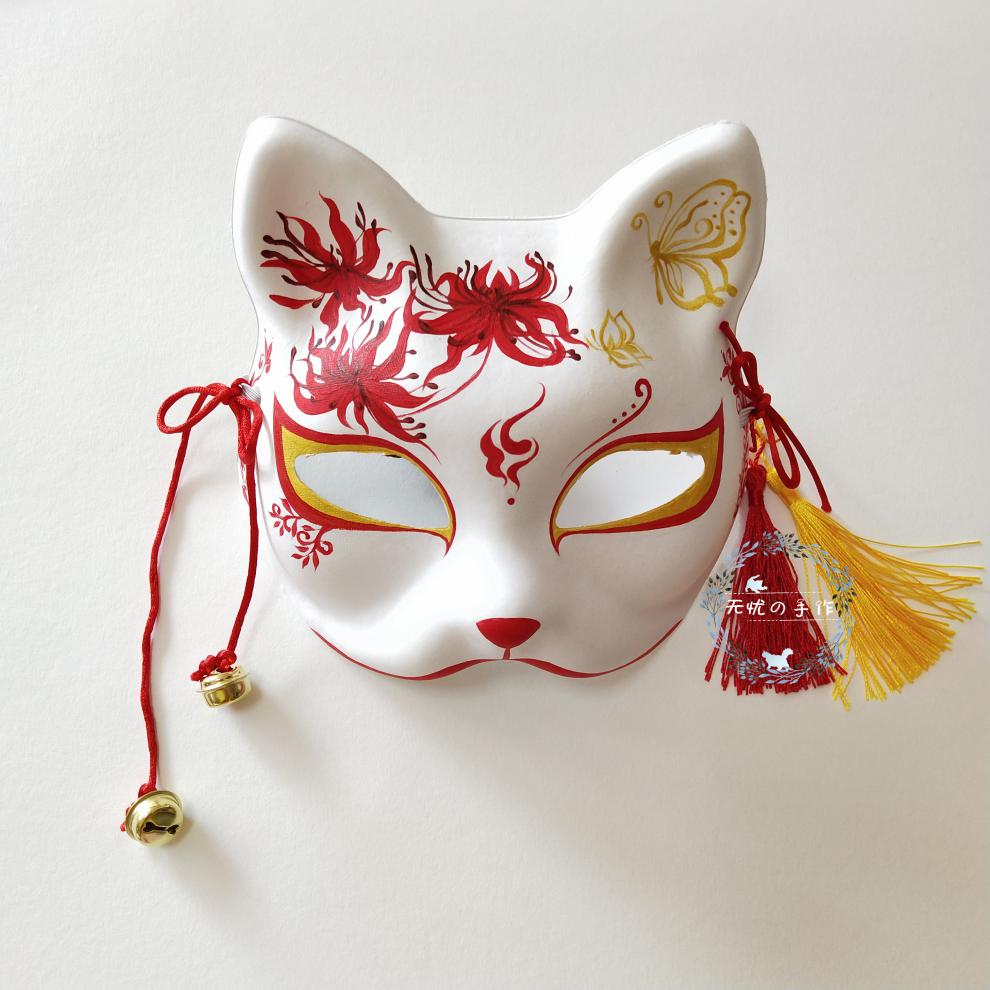 狐狸面具 日本全脸 猫脸纸浆面具和风手绘日本狐狸面具舞会动漫 道具