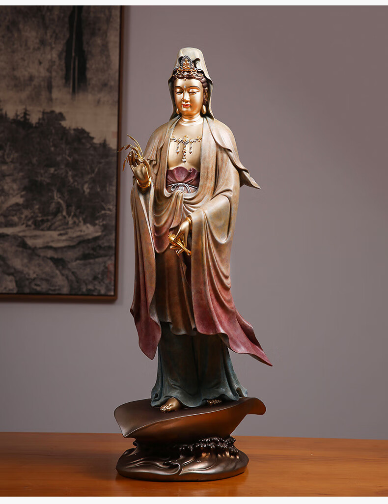 九黎 一叶观音摆件纯铜观音佛像摆件家用站像南海观音菩萨工艺品铜像