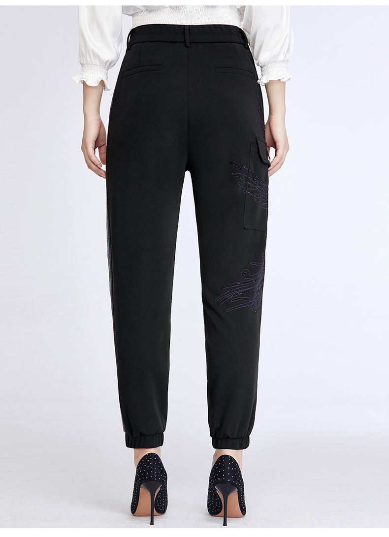 门店发货 百斯盾 2021春夏新款九分休闲裤女装 凤凰烫钻艺术潮流束脚