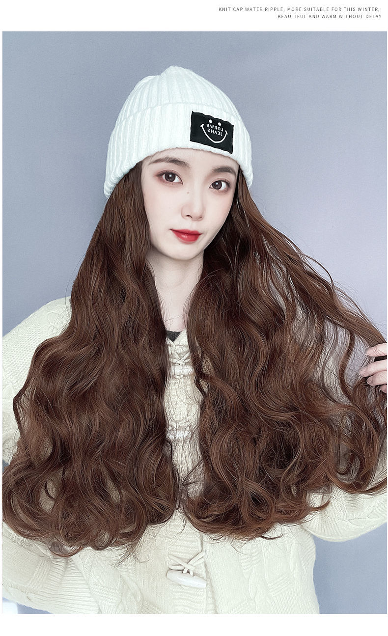 唐妮假发女长发假发帽子针织帽一体式秋冬时尚大波浪长卷发自然全头套