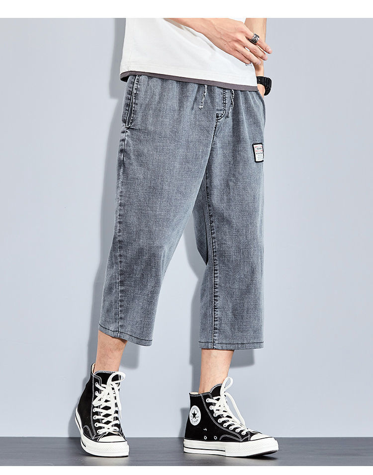 佐丁森宽松8分牛仔裤男弹力松紧腰直筒裤薄款新款八分裤zyp555灰色8分