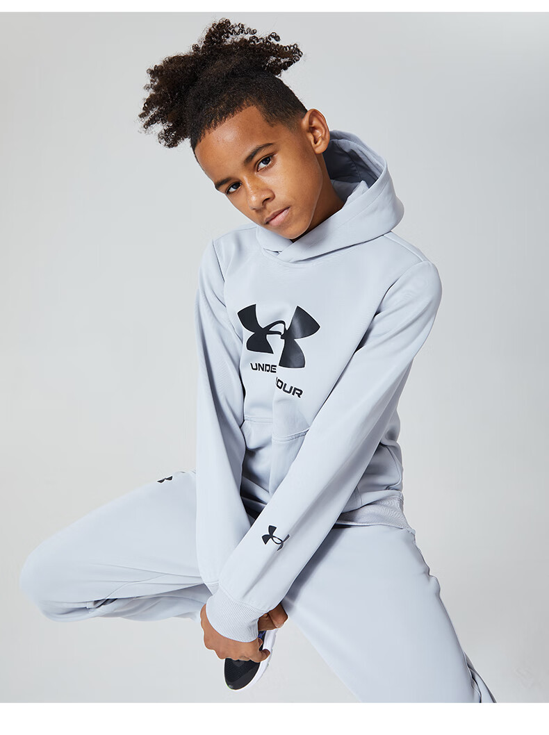 安德玛童装儿童套装2021秋冬季新款中大童男童潮流卫衣裤子两件套灰色