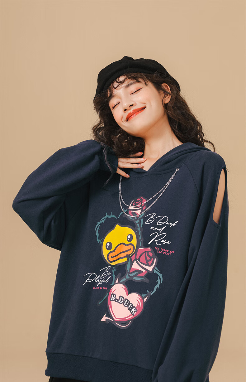 bduck小黄鸭女装连帽卫衣2022年春季新款宽松甜酷镂空链条上衣潮藏青