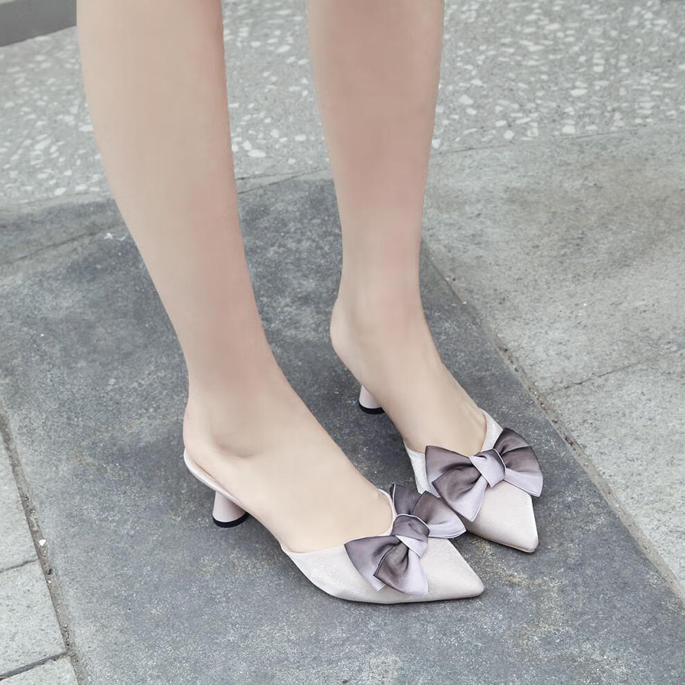 春夏新品性感高跟鞋女包脚拖鞋女尖头蝴蝶结拖鞋女时尚性感凉拖鞋女