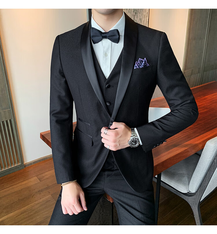 丹杰仕 新郎西服套装男士结婚晚礼服韩版修身司仪主持人西装男正装