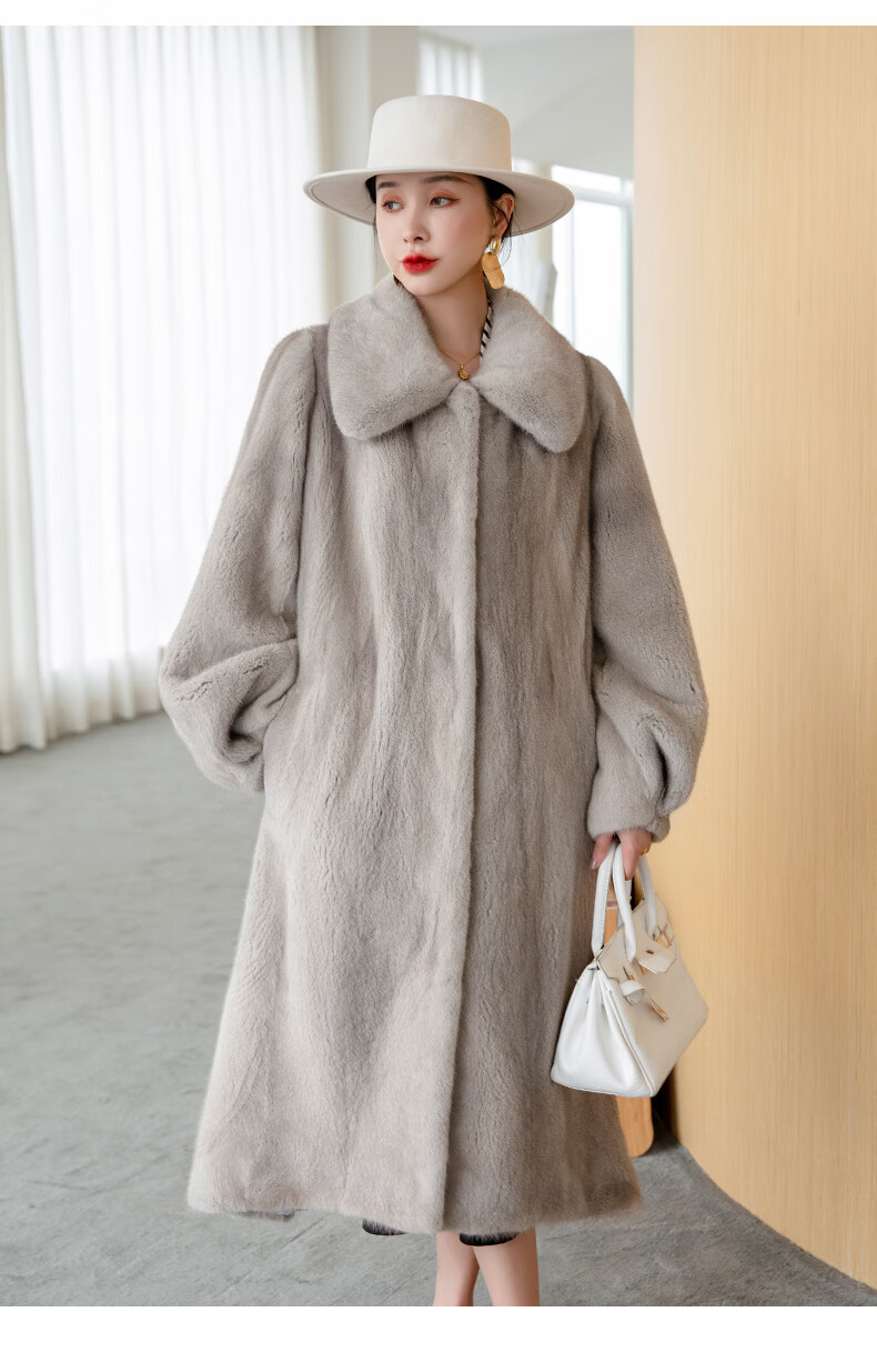 欧迪鸟品牌女装貂皮大衣女整貂长款年轻翻领水貂皮草外套 珍珠白 xl