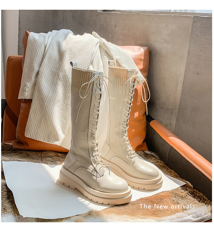 绑带长筒靴女针织弹力袜子靴白色马丁靴厚底长靴不过膝高筒靴白色单里