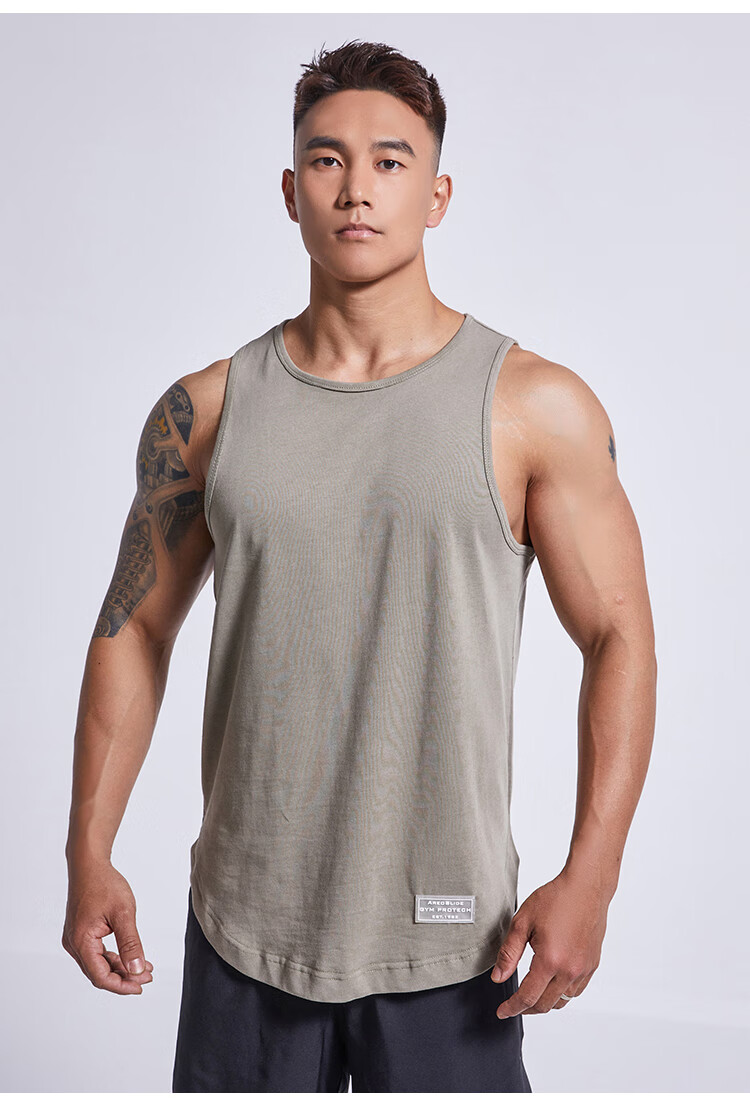 omg潮牌纯色纯棉吸汗运动背心男士跑步健身衣服速干训练无袖t恤军绿色