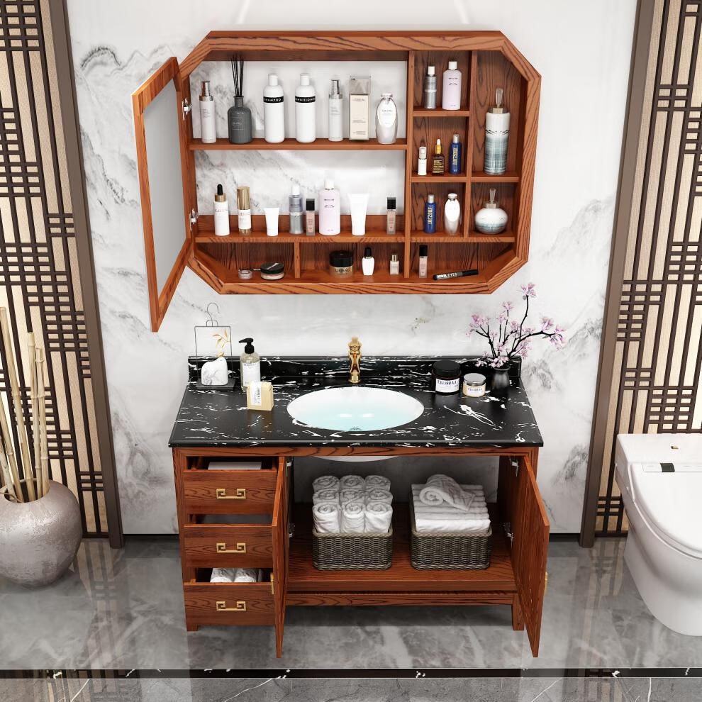 浴尚雅新中式浴室柜组合红橡木岩板卫浴柜实木洗手池洗漱台洗脸盆柜