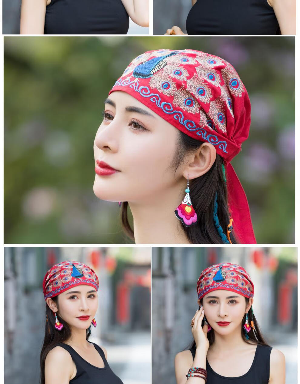 女式民族风刺绣头巾绣花薄款棉麻冒孑女帽孔雀开屏绣花冒孑系带帽包头