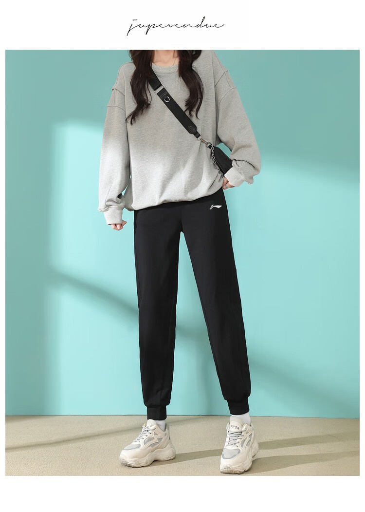 李宁运动裤女2021夏季平口休闲户外直筒大码阔腿长裤 黑色(收口) 3xl