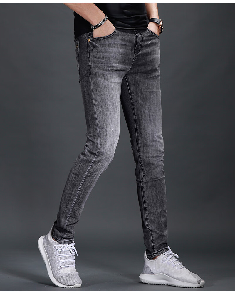 范莉泰烟灰色牛仔裤男修身小脚裤夏季薄款韩版潮流时尚百搭休闲牛仔长