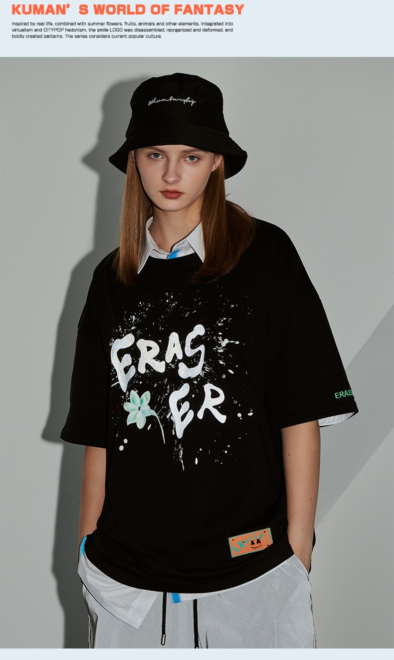 er笑脸短袖t恤反光字母印花国潮t恤男夏季新款个性情侣装宽松潮流短袖