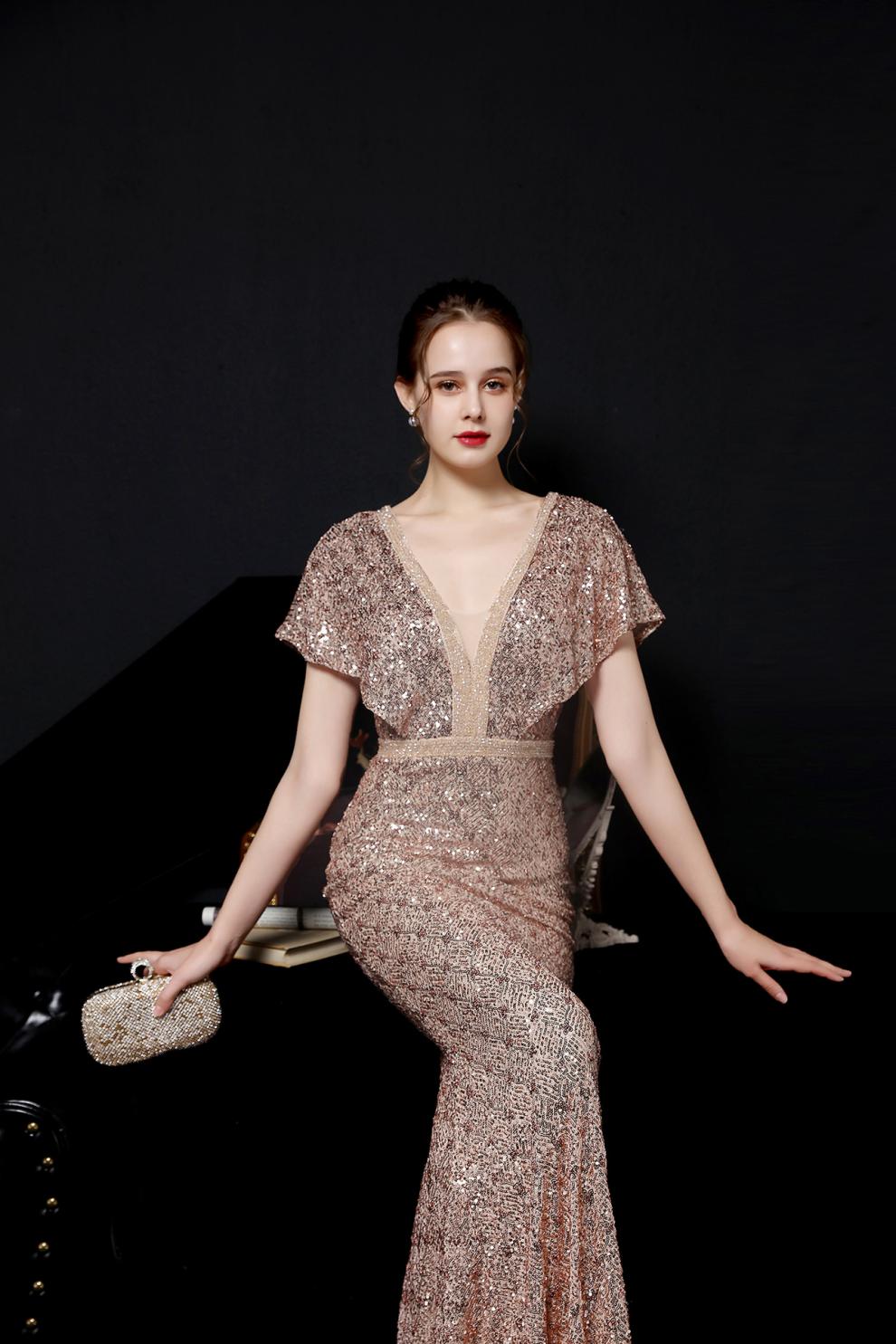 格子珠片鱼尾宴会优雅公司年会车模走秀演出服名媛派对晚会礼服白色s