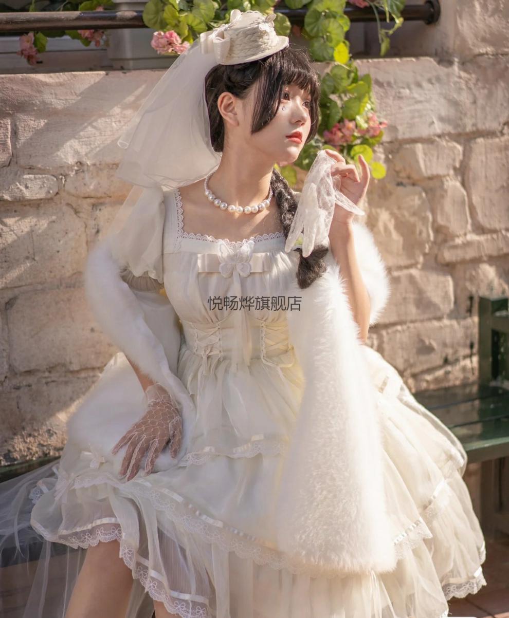 wf原创芙拉小姐洛丽塔lolita裙op优雅花嫁泡泡袖三段 纯白色op 拖尾