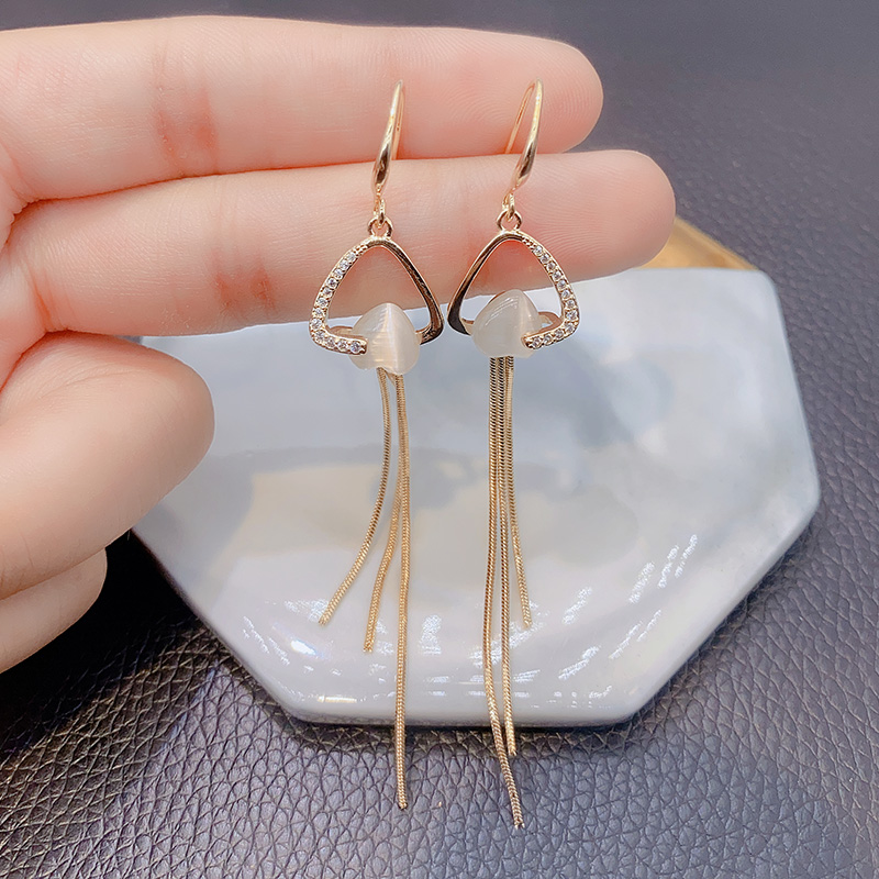 个性猫眼石爱心耳环耳钩长款流苏耳饰简约时尚潮流夸张气质显生日礼物