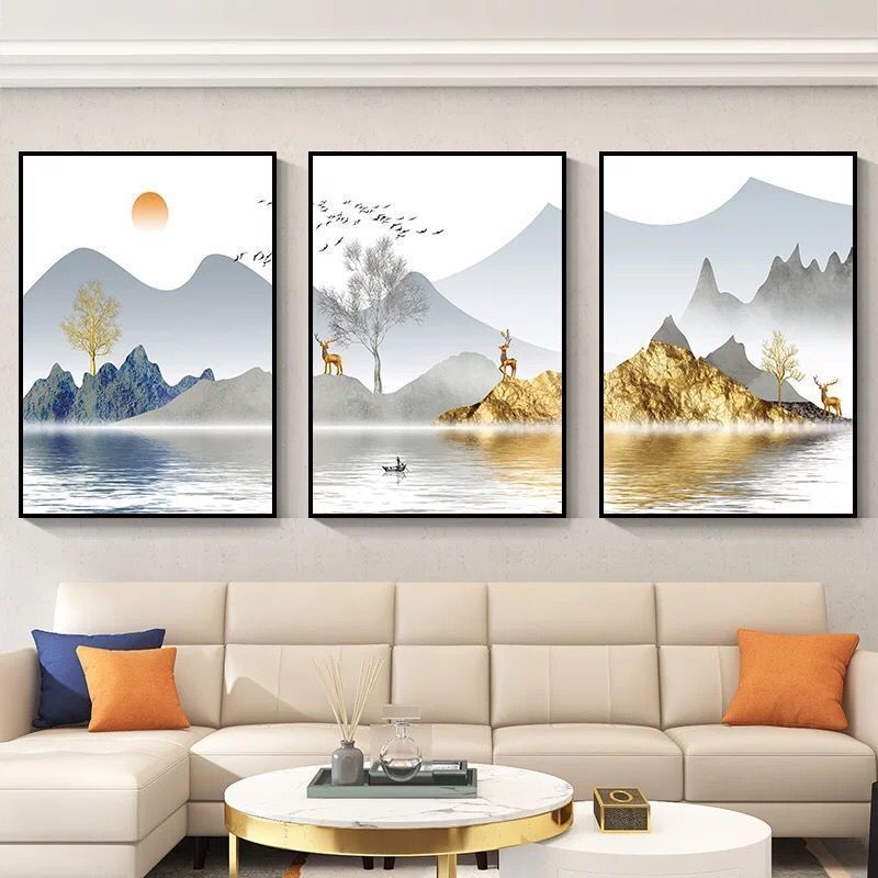 石来运转客厅装饰画现代简约沙发背景墙上挂画大厅壁画轻奢三联画发财