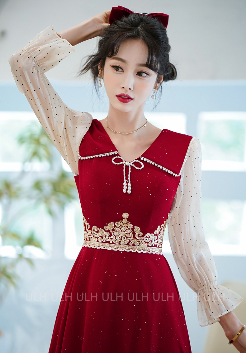 悦诗春沐敬酒服新娘酒红色订婚礼服女回门便装v领小个子长袖连衣裙