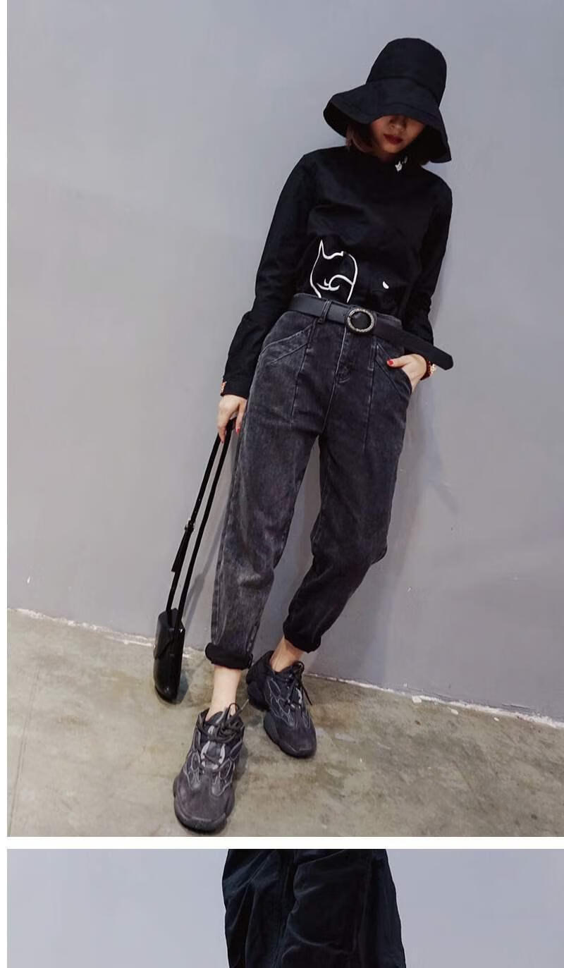 胖大码老爹裤女秋夏季显瘦哈伦复古牛仔裤女长裤子学生垮裤女 黑色加