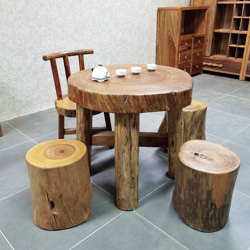 匠心攻略品牌品牌香樟木原木茶几圆型茶台庭院阳台花园