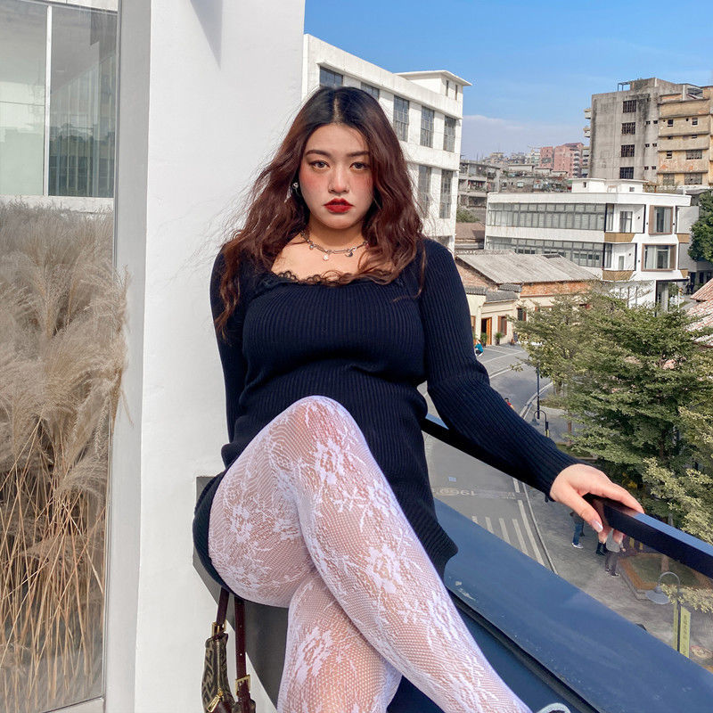 丝袜大码胖镂空蕾丝网袜连裤袜日系洛丽塔花朵蝴蝶结渔网袜黑色显瘦