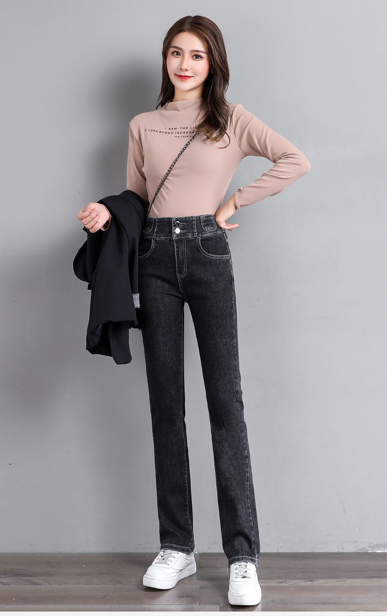 秋冬季牛仔裤女款加绒加厚高腰弹力小直筒牛仔裤女秋冬宽松显瘦百搭