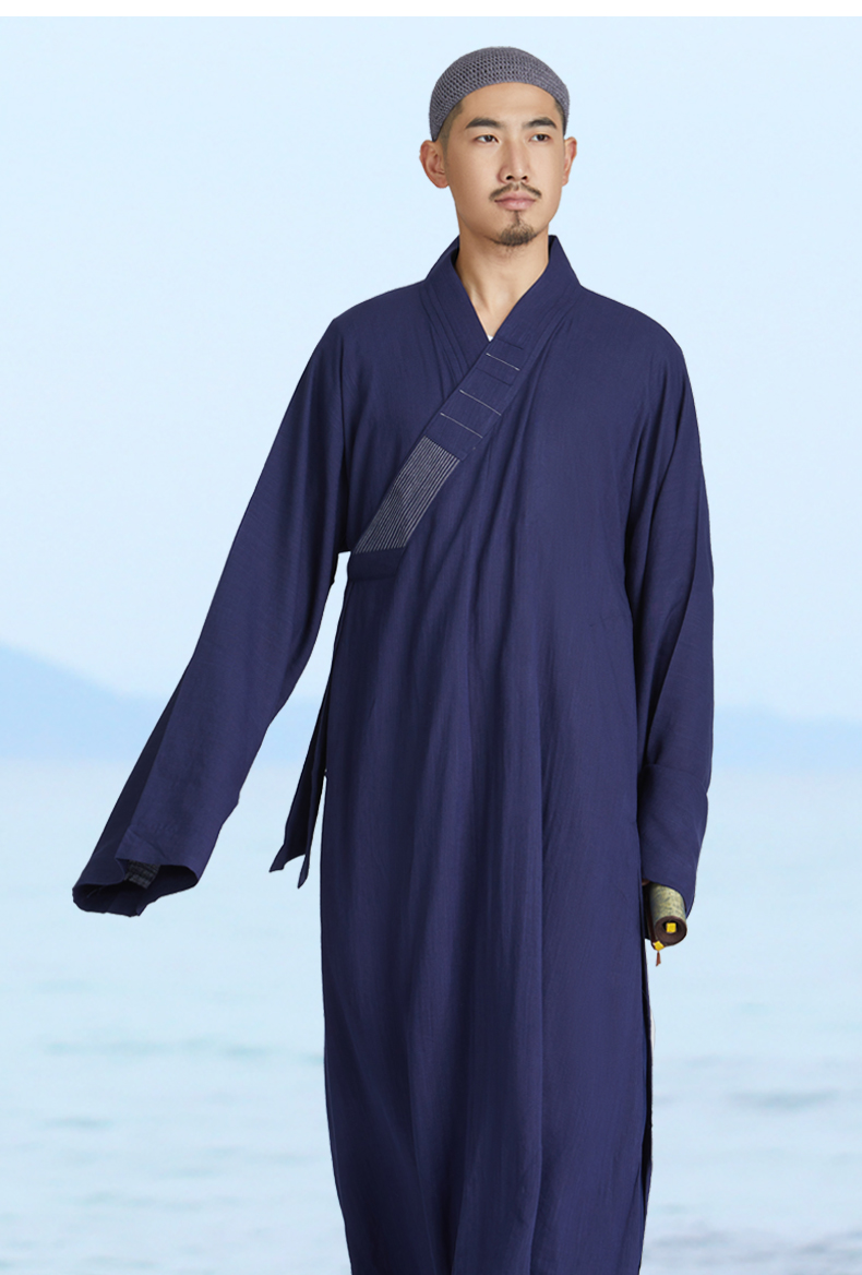 僧服长褂套装和尚服男女秋季棉麻大褂出家人新款四季僧衣男藏青色自然