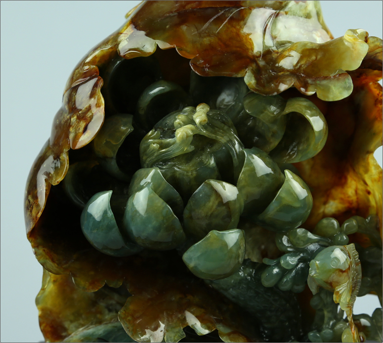 杨氏六喜天然岫玉摆件精品玉石王硬花玉巧雕荷花客厅办公室书房玄关