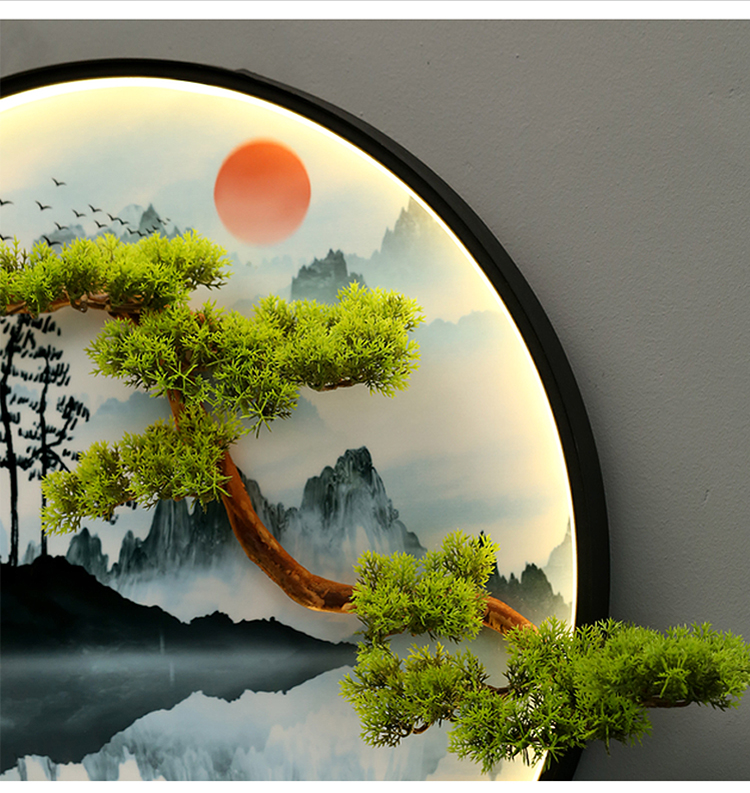高端轻奢沙发墙饰挂件壁饰壁挂圆形客厅中式墙面装饰电视背景墙迎客松