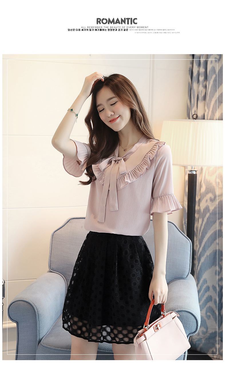 蝴蝶结雪纺衫女短袖2021年夏季新款v领白衬衣女士喇叭袖上衣小衫粉色s